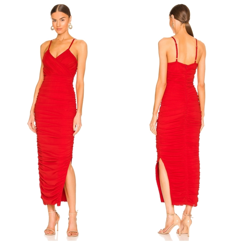 Elliatt Pippa Dress in Red XS Ruched Mesh Midi